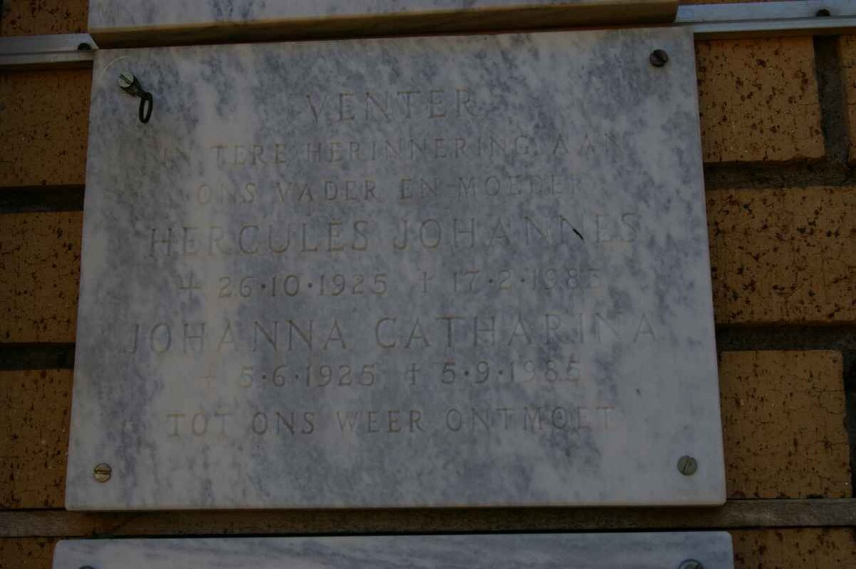 VENTER Hercules Johannes 1925-1985 &amp; Johanna Catharina 1925-1985