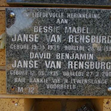 RENSBURG David Benjamin, Janse van 1935-2000 &amp; Bessie Mabel 1939-1995