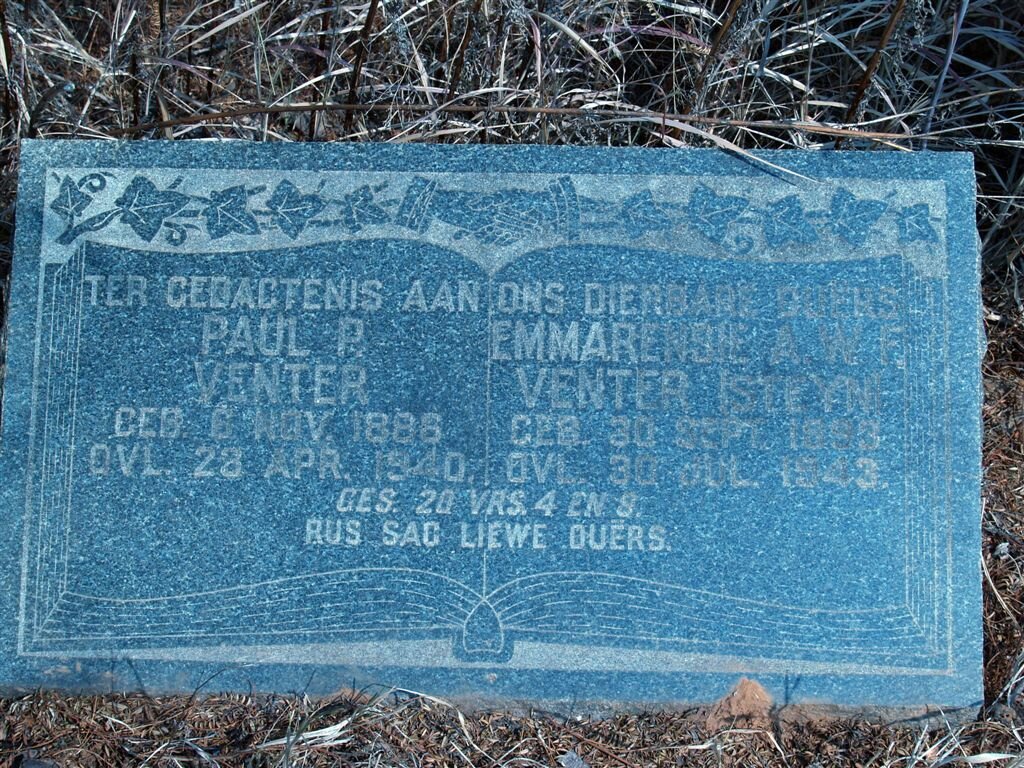 VENTER Paul P. 1998-1940 &amp; Emmarensie A.W. STEYN 18?3-1943