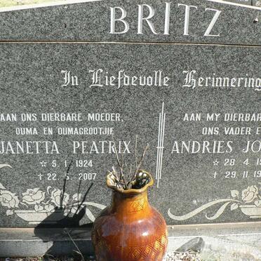 BRITZ Andries Johannes 1918-1971 &amp; Janetta Peatrix 1924-2007