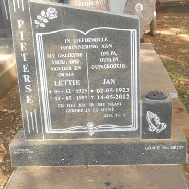 PIETERSE Jan 1923-2012 &amp; Lettie 1925-1997