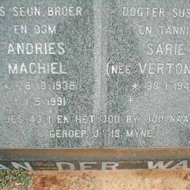 WALT Andries Machiel, van der 1938 -1991 &amp; Sarie VERTONGEN 1946-