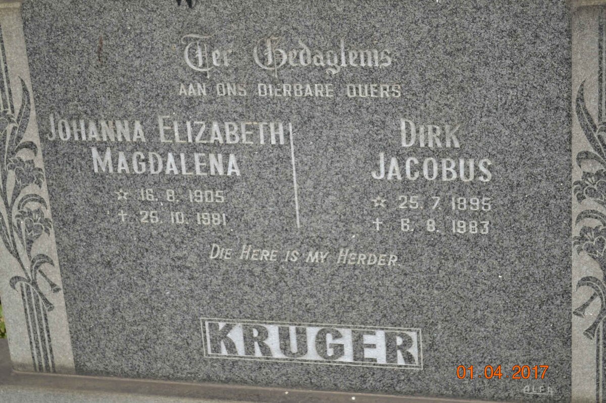KRUGER Dirk Jacobus 1895-1983 &amp; Johanna Elizabeth Magdalena 1905-1981
