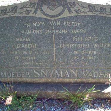 SNYMAN Philippus Christoffel Willem 1879-1947 &amp; Maria Elizabeth VAN BILJON 1887-1949