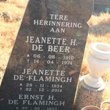 BEER Jeanette H., de 1910-1974 :: DE FLAMINGH Ernst H. 1933-2015 &amp; Jeanette 1934-2014