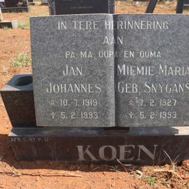 KOEN Jan Johannes 1919-1993 &amp; Miemie Maria SNYGANS 1927-1993