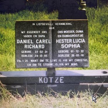 KOTZE Daniel Carel Richard 1921-1995 &amp; Hester Lucia Sophia 1922-2016