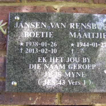 RENSBURG Boetie, Jansen van 1938-2013 &amp; Maaitjie 1944-