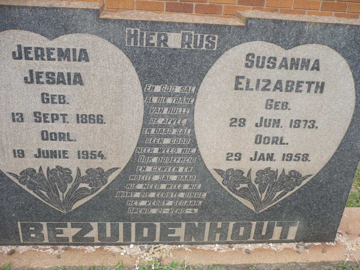 BEZUIDENHOUT Jeremia Jesaia 1866-1954 &amp; Susanna Elizabeth 1873-1958