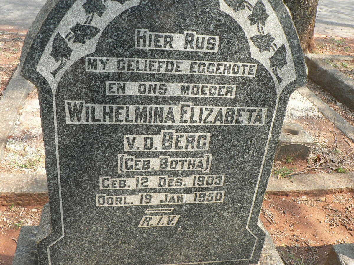 BERG Wilhelmina Elizabeta, v.d. nee BOTHA 1903-1950