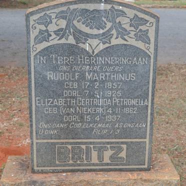 BRITZ Rudolf Marthinus 1957-1925 &amp; Elizabeth Gertruida Petronella VAN NIEKERK 1862-1937