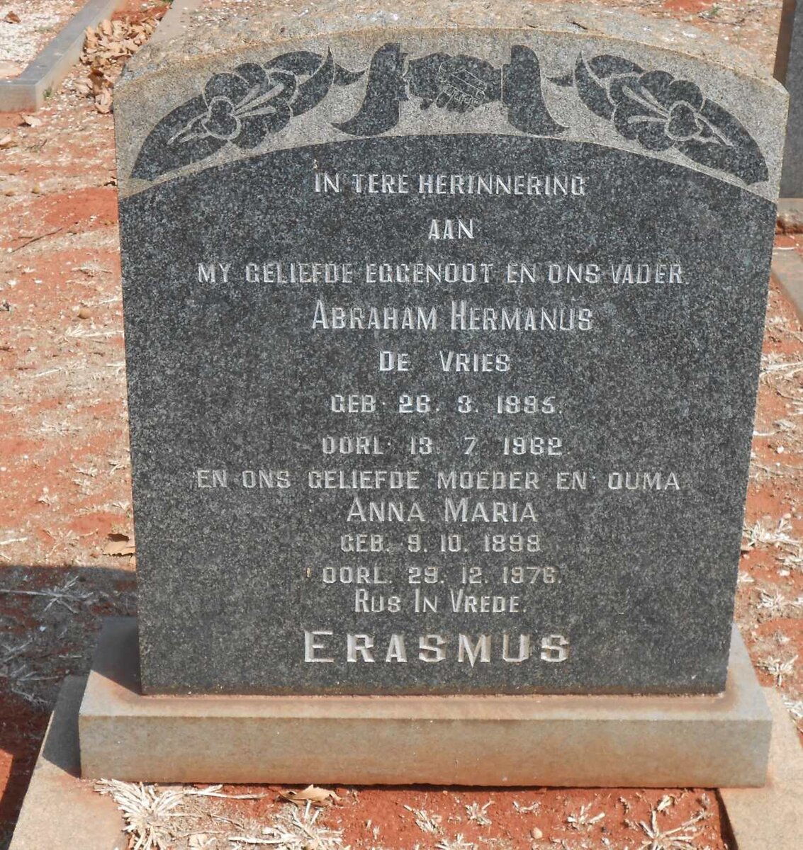 ERASMUS Abraham Hermanus De Vries 1895-1962 &amp; Anna Maria 1898-1976