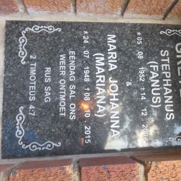 GREYLING Stephanus 1952-2004 &amp; Maria Johanna 1948-2015