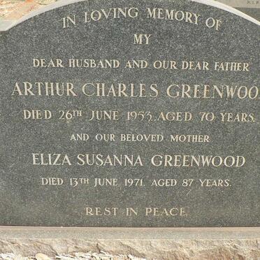GREENWOOD Arthur Charles -1953 &amp; Eliza Susanna -1971