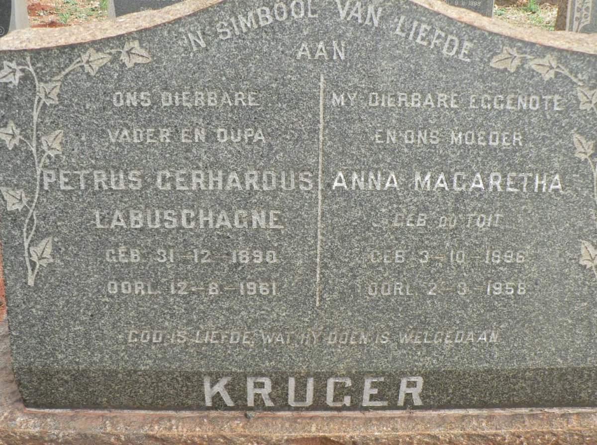 KRUGER Petrus Gerhardus Labuschagne 1890-1961 &amp; Anna Magaretha DU TOIT 1896-1958