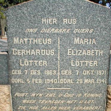 LÖTTER Mattheus Gerhardus 1863-1940 &amp; Maria Elizabeth 1871-1941