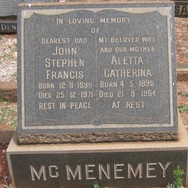 McMENEMEY John Stephen Francis 1890-1971 &amp; Aletta Catherina 1890-1964