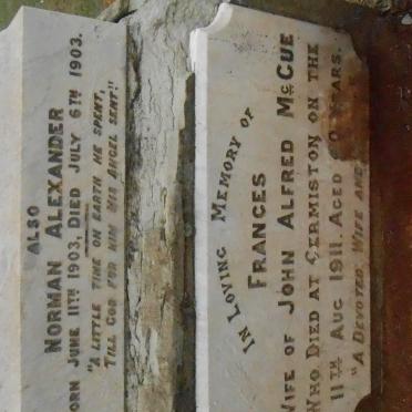 McCUE Frances -1911 :: McCUE Florence May 1895-1906 :: McCUE Norman Alexander 1903-1903