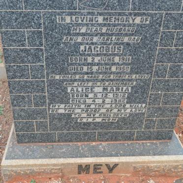 MEY Jacobus 1911-1950 &amp; Alice Maria 1912-1982