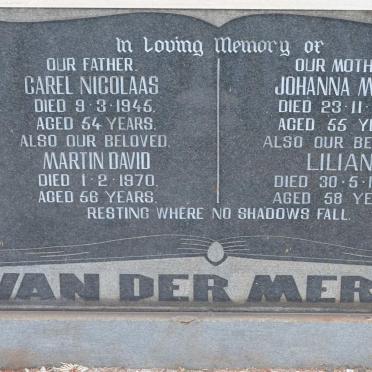 MERWE Carel Nicolaas, van der -1945 &amp; Johanna Maria -1948