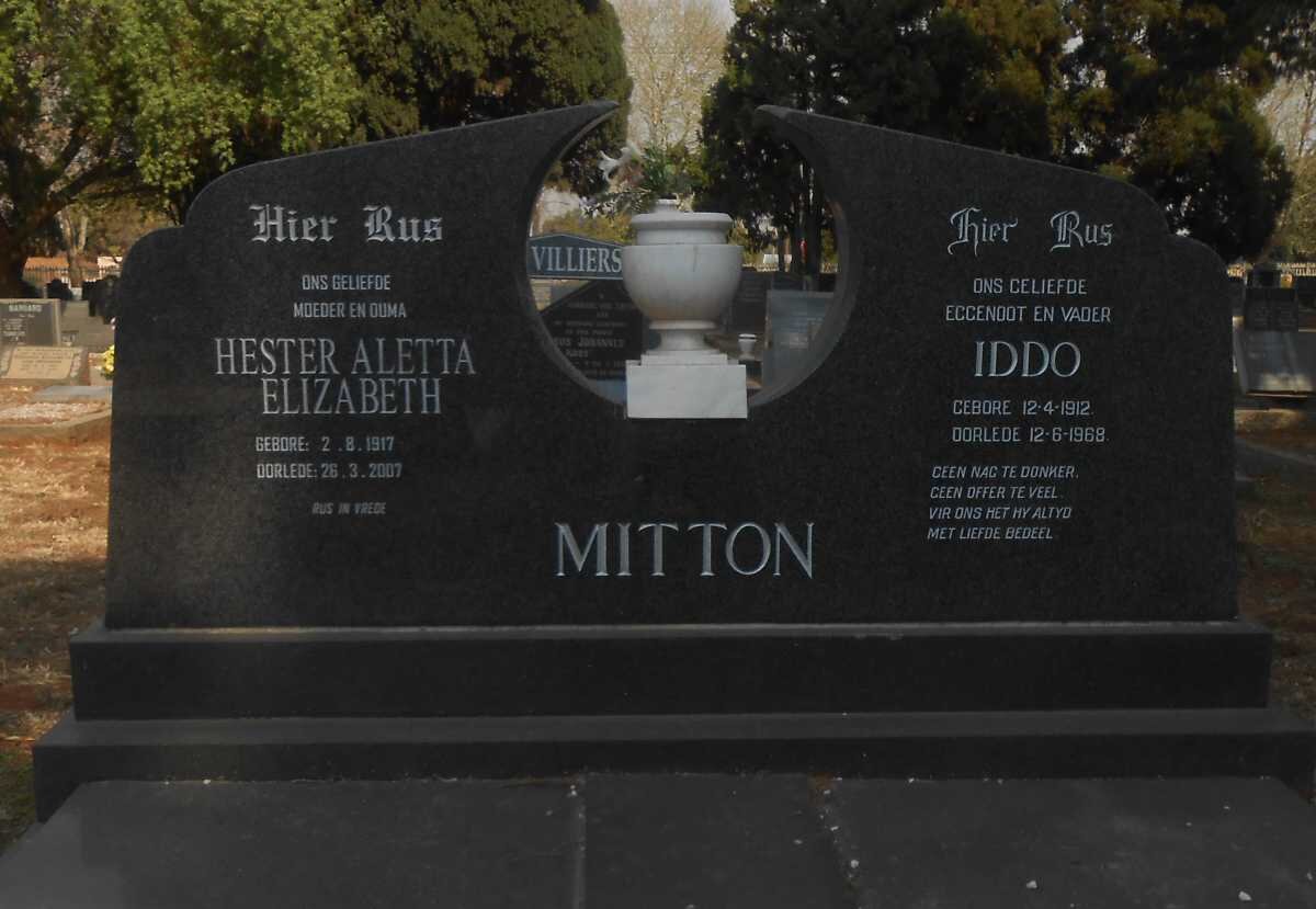 MITTON Iddo 1912-1968 &amp; Hester Alettta Elizabeth 1917-2007