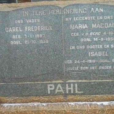 PAHL Carel Frederick 1887-1958 &amp; Maria Magdalena V.D. BERG 1889-1950 :: PAHL Isabel 1919-19?0