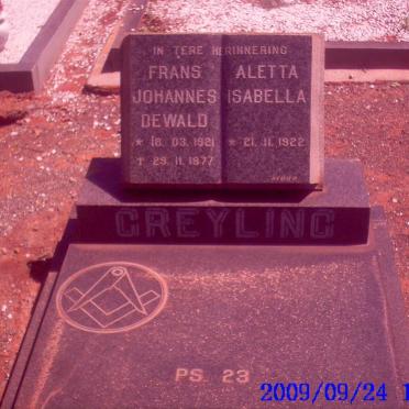 GREYLING Frans Johannes Dewald 1921-1977 &amp; Aletta Isabella 1922-
