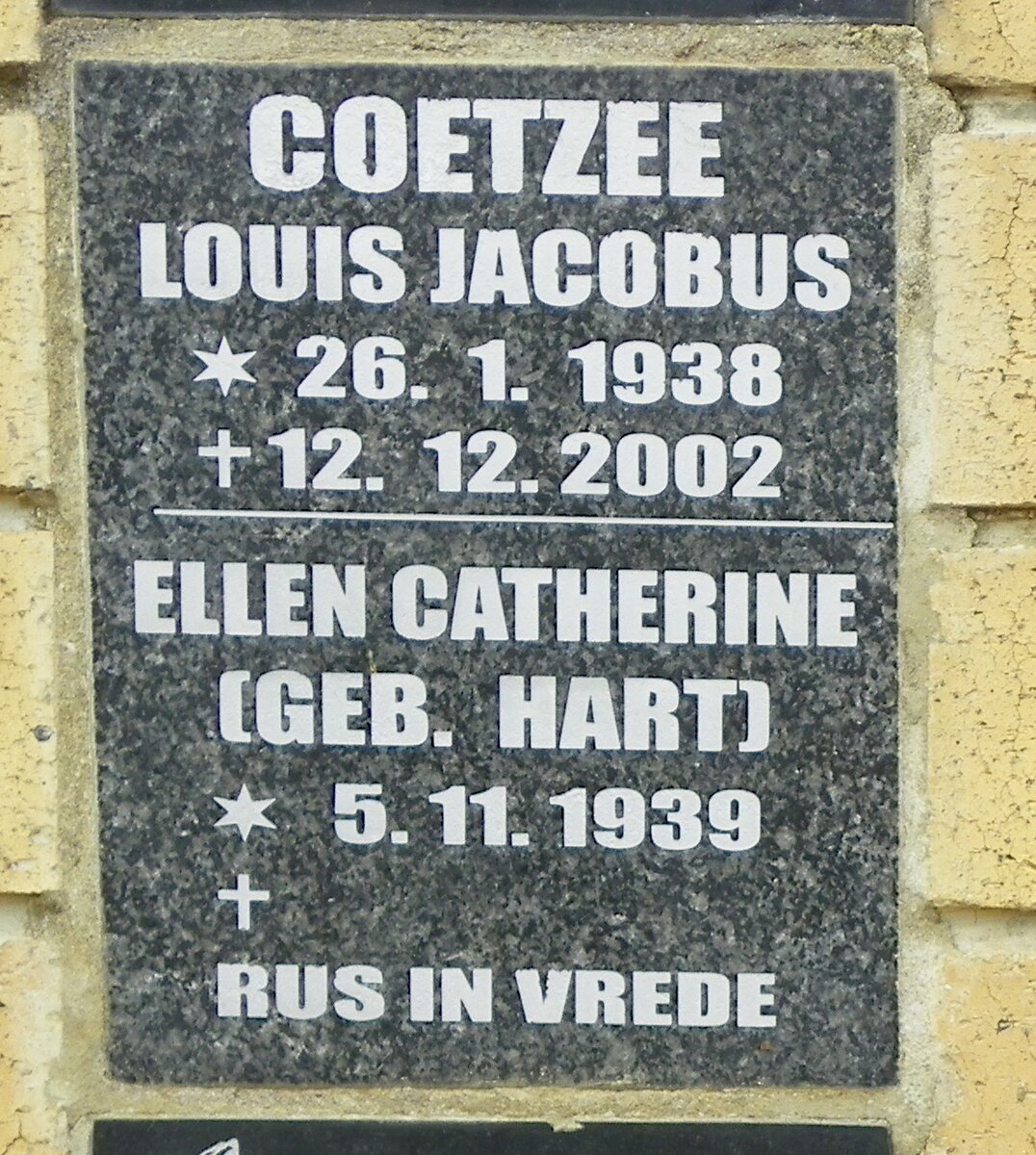 COETZEE Louis Jacobus 1938-2002 &amp; Ellen Catherine HART 1939-