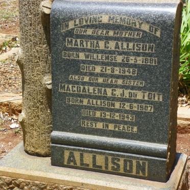 ALLISON Martha C. nee WILLEMSE 1881-1948 :: DU TOIT Magdalena C.J. nee ALLISON 1907-1943