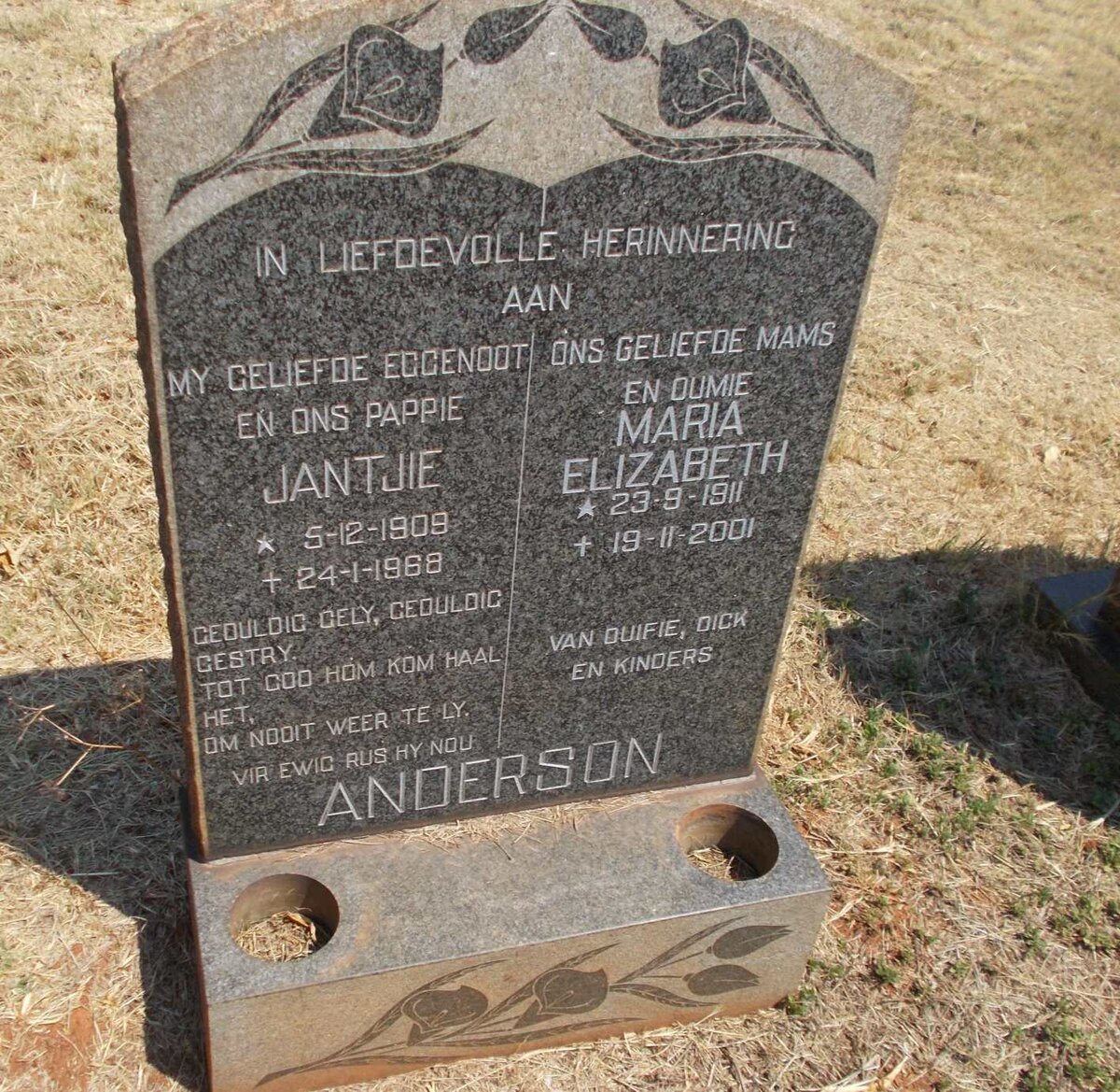 ANDERSON Jantjie 1909-1968 &amp; Maria Elizabeth 1911-2001