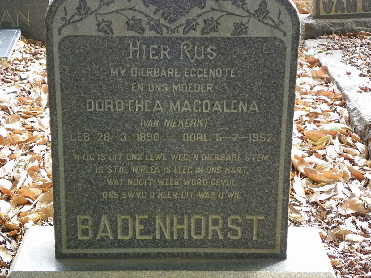 BADENHORST Dorothea Magdalena nee VAN NIEKERK 1890-1952