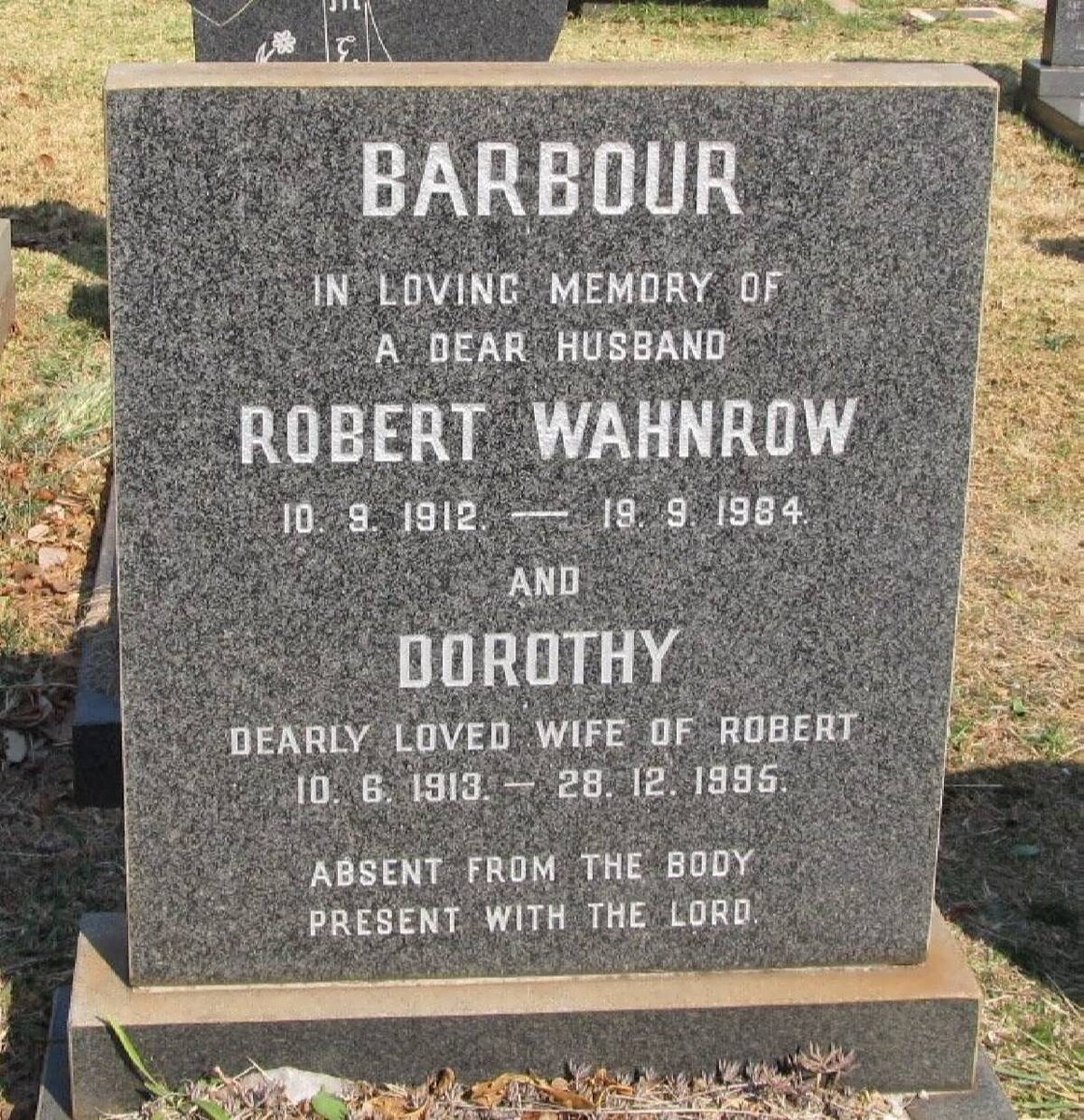 BARBOUR Robert Wahnrow 1912-1984 &amp; Dorothy 1913-1995