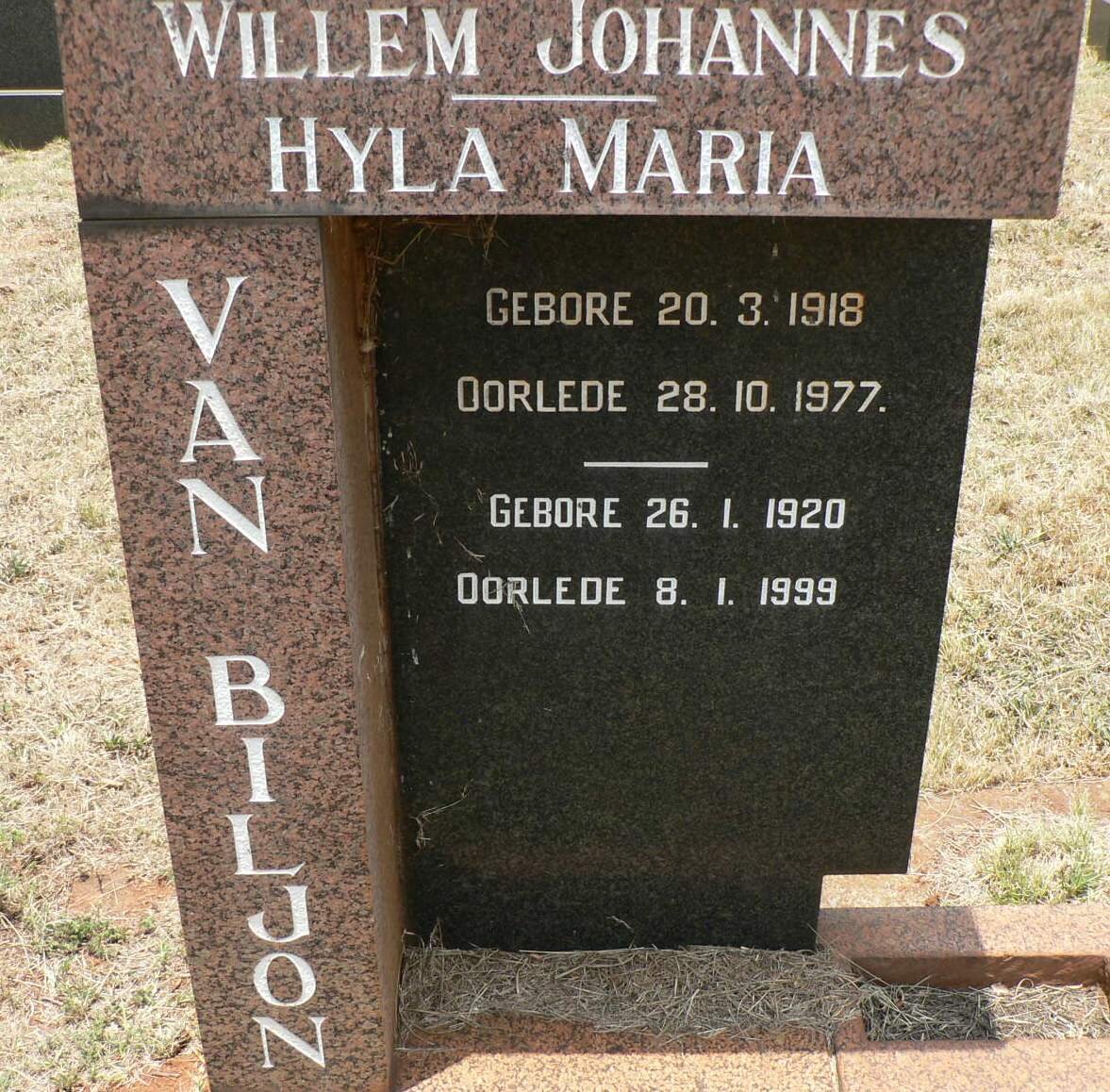 BILJON Willem Johannes, van 1918-1977 &amp; Hyla Maria 1920-1999