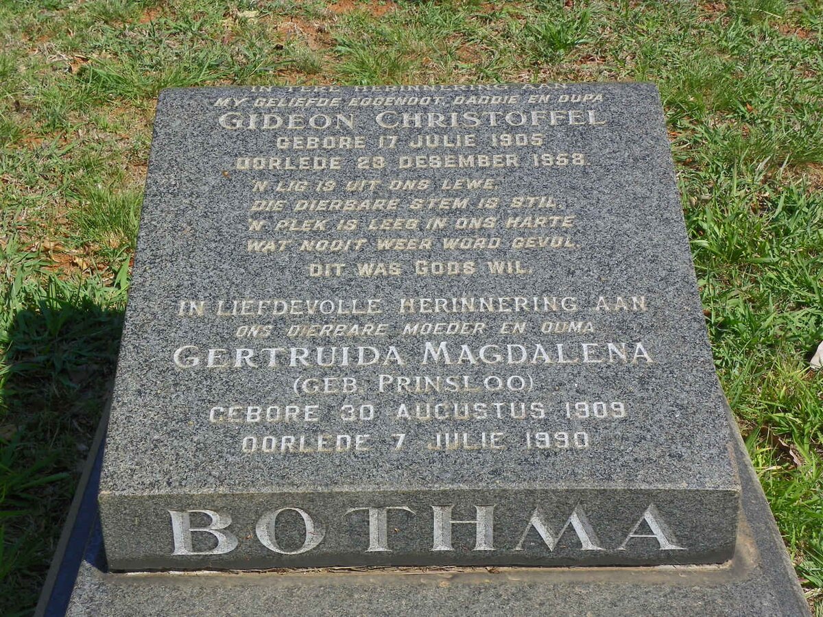 BOTHMA Gideon Christoffel 1905-1958 &amp; Gertruida Magdalena PRINSLOO 1909-1990