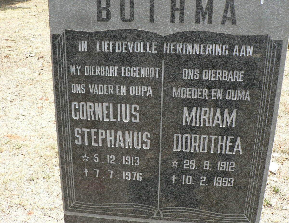BOTHMA Cornelius Stephanus 1913-1976 &amp; Miriam Dorothea 1912-1993