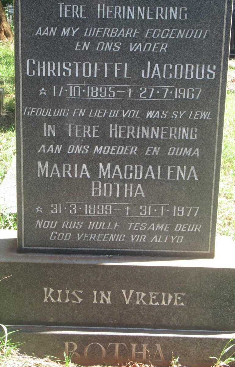 BOTHA Christoffel Jacobus 1895-1967 &amp; Maria Magdalena 1899-1977