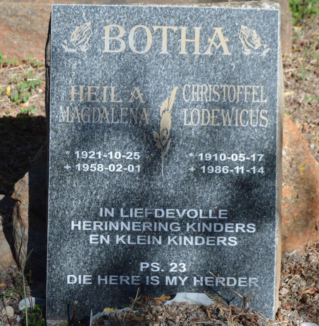 BOTHA Christoffel Lodewicus 1910-1986 &amp; Heila Magdalena 1921-1958