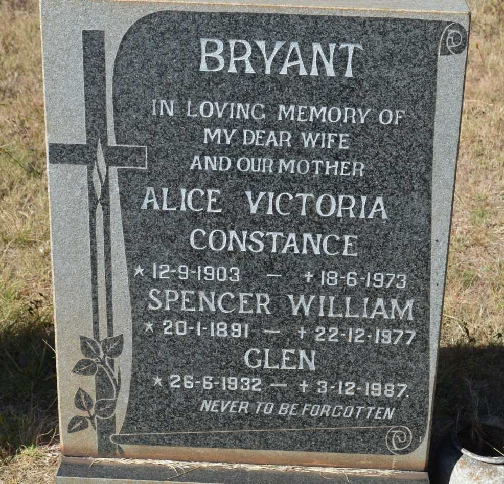 BRYANT Spencer William 1891-1977 &amp; Alice Victoria Constance 1903-1973 :: BRYANT Glen 1932-1987
