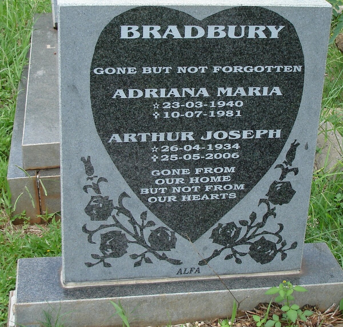 BRADBURY Arthur Joseph 1934-2006 &amp; Adriana Maria 1940-1981