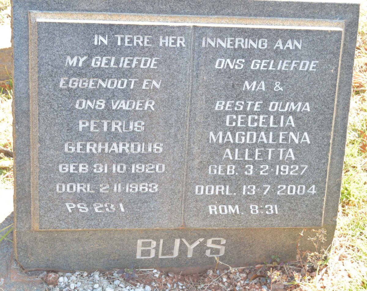 BUYS Petrus Gerhardus 1920-1963 &amp; Cecelia Magdalena Aletta 1927-2004