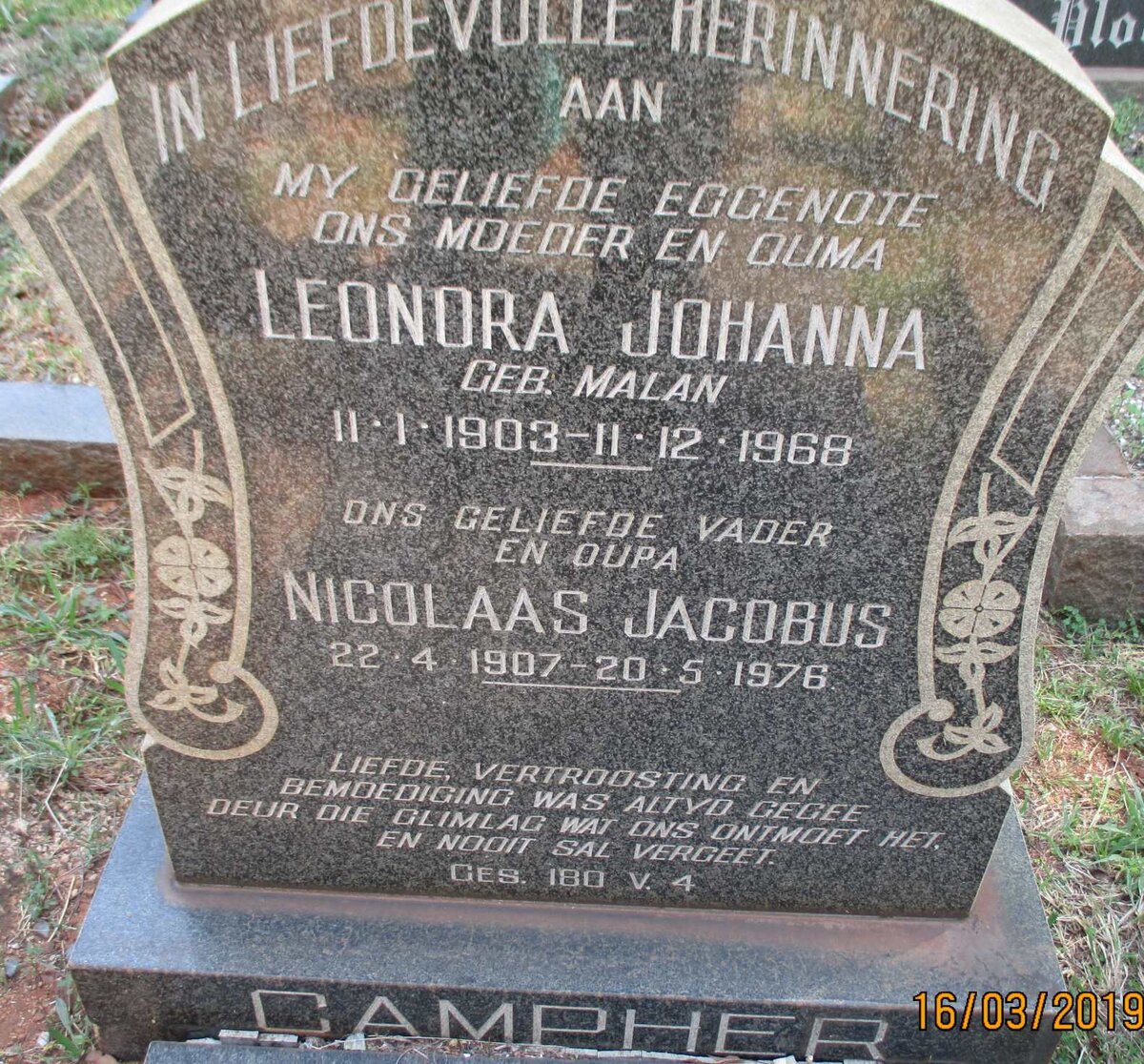 CAMPHER Nicolaas Jacobus 1907-1976 &amp; Leonora Johanna MALAN 1903-1968