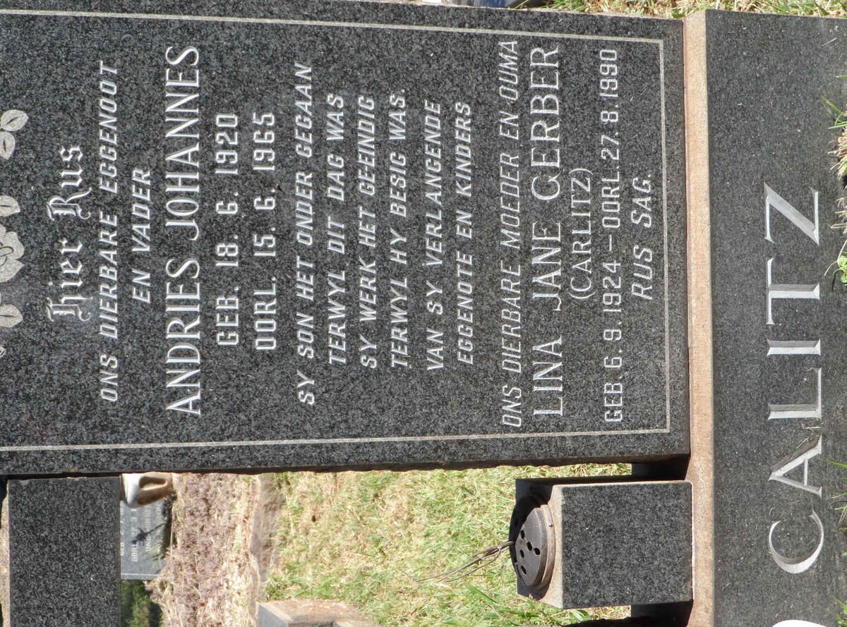 CALITZ Andries Johannes 1920-1965 &amp; Linda Jane Gerber CARLITZ 1924-1990