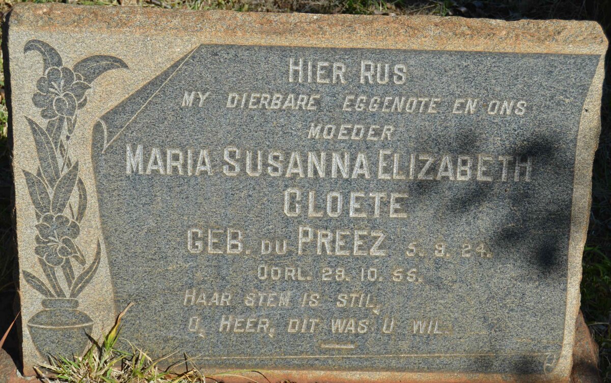 CLOETE Maria Susanna Elizabeth nee DU PREEZ 1924-1955