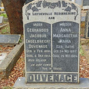 DUVENAGE Gerhardus Jacobus Engelbrecht 1894-1944 &amp; Anna Margaretha Maria AUTH 1897-1984