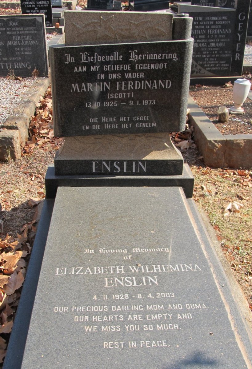 ENSLIN Martin Ferdinand 1925-1973 &amp; Elizabeth Wilhelmina 1928-2003