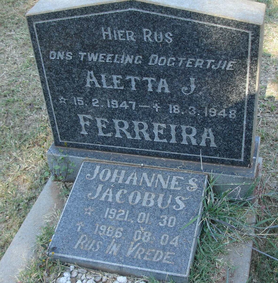 FERREIRA Johannes Jacobus 1921-1986 :: FERREIRA Aletta J. 1947-1948