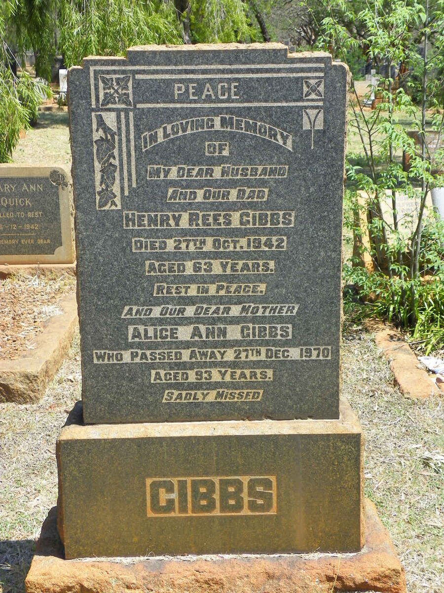 GIBBS Henry Rees -1942 &amp; Alice Ann -1970
