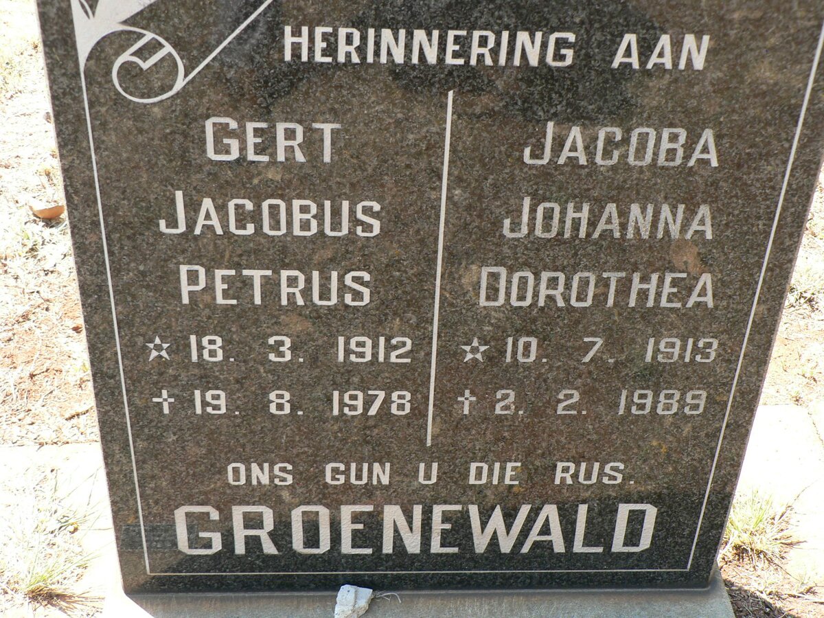GROENEWALD Gert Jacobus Petrus 1912-1978 &amp; Jacoba Johanna Dorothea 1913-1989