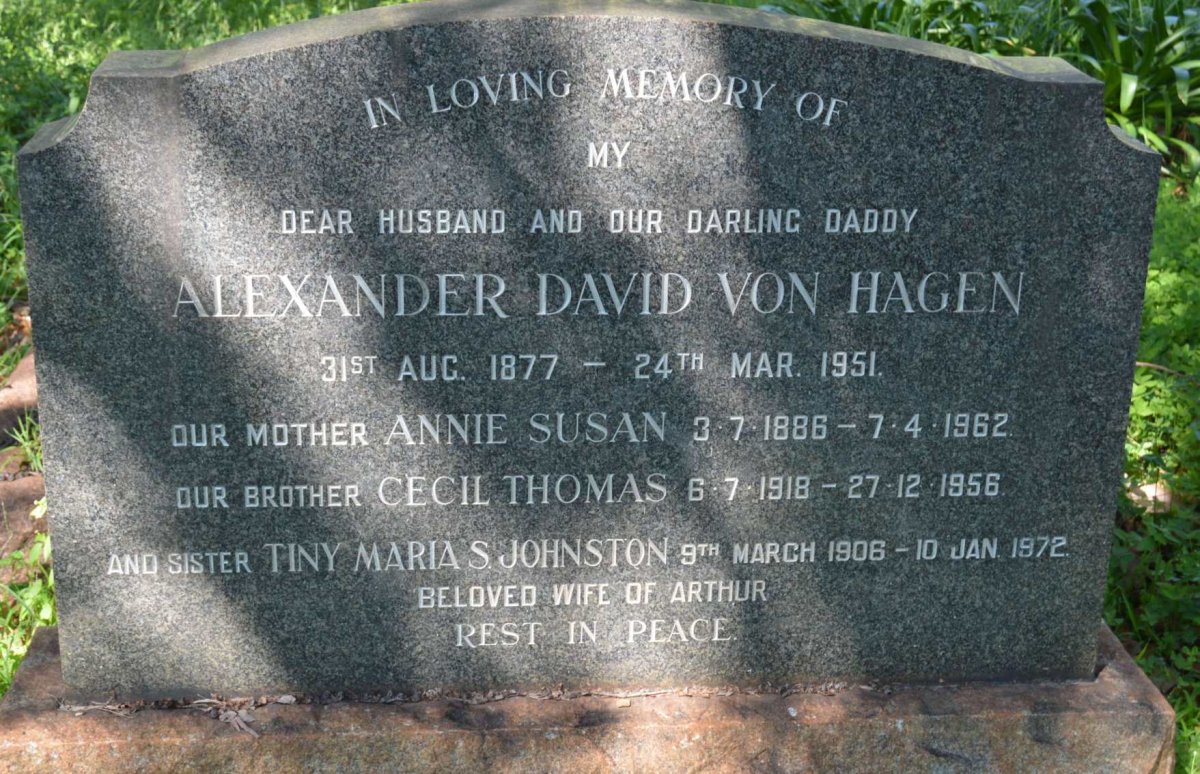 HAGEN Alexander David, von 1877-1951 &amp; Annie Susan 1886-1962:: VON HAGEN Cecil Thomas 1918-1956