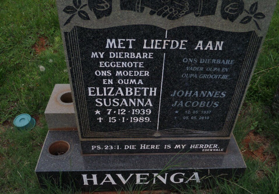 HAVENGA Johannes Jacobus 1937-2010 &amp; Elizabeth Susanna 1939-1989